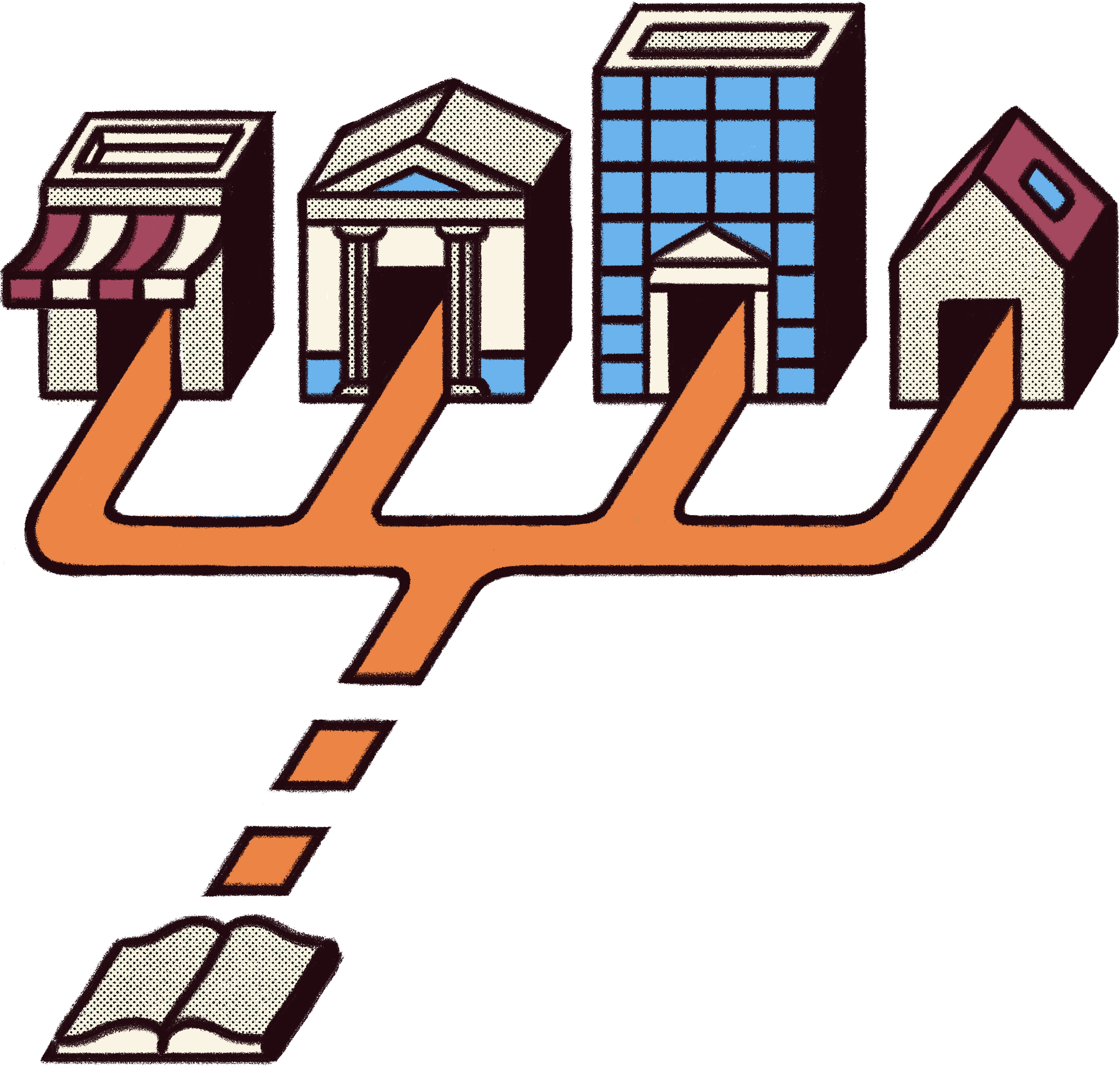 Illustration showing a book connected to both retailers and libraries