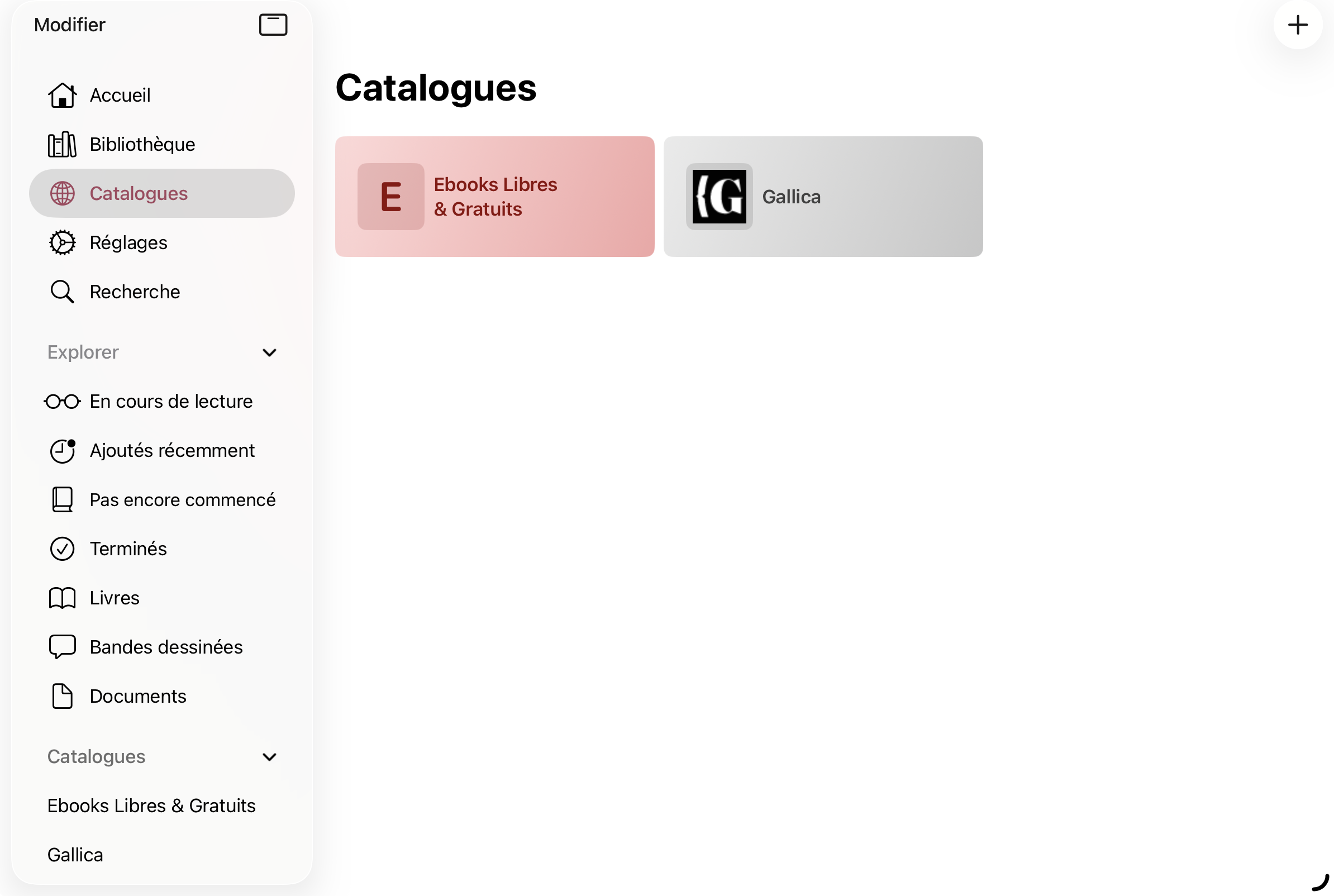 Capture d'écran de la liste des catalogues
