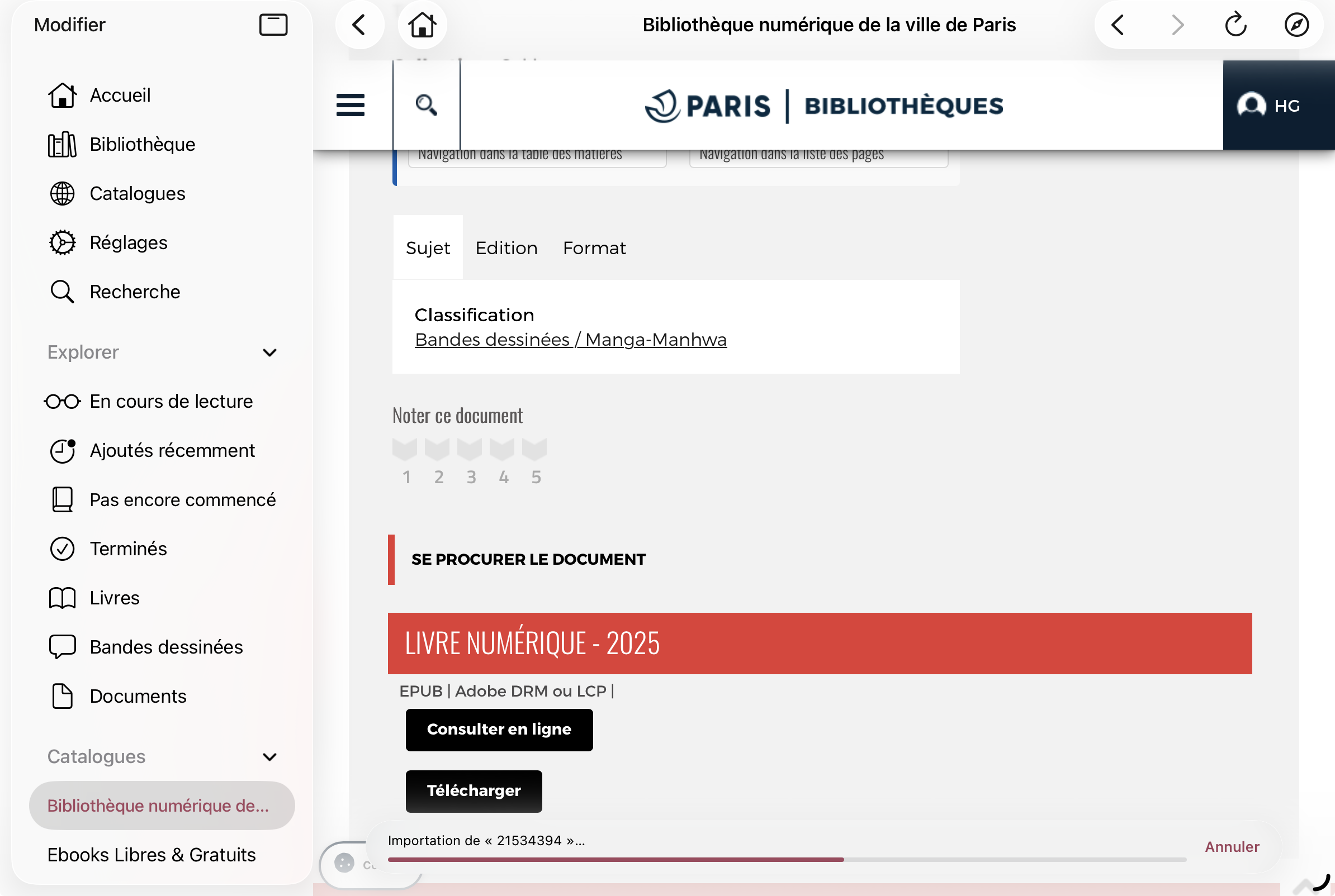 Capture d'écran affichant le catalogue de la bibliothèque de la ville de Paris avec un dialogue de téléchargement